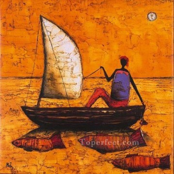 アフリカ人 Painting - 釣りをする女性と黄色のアフリカの魚